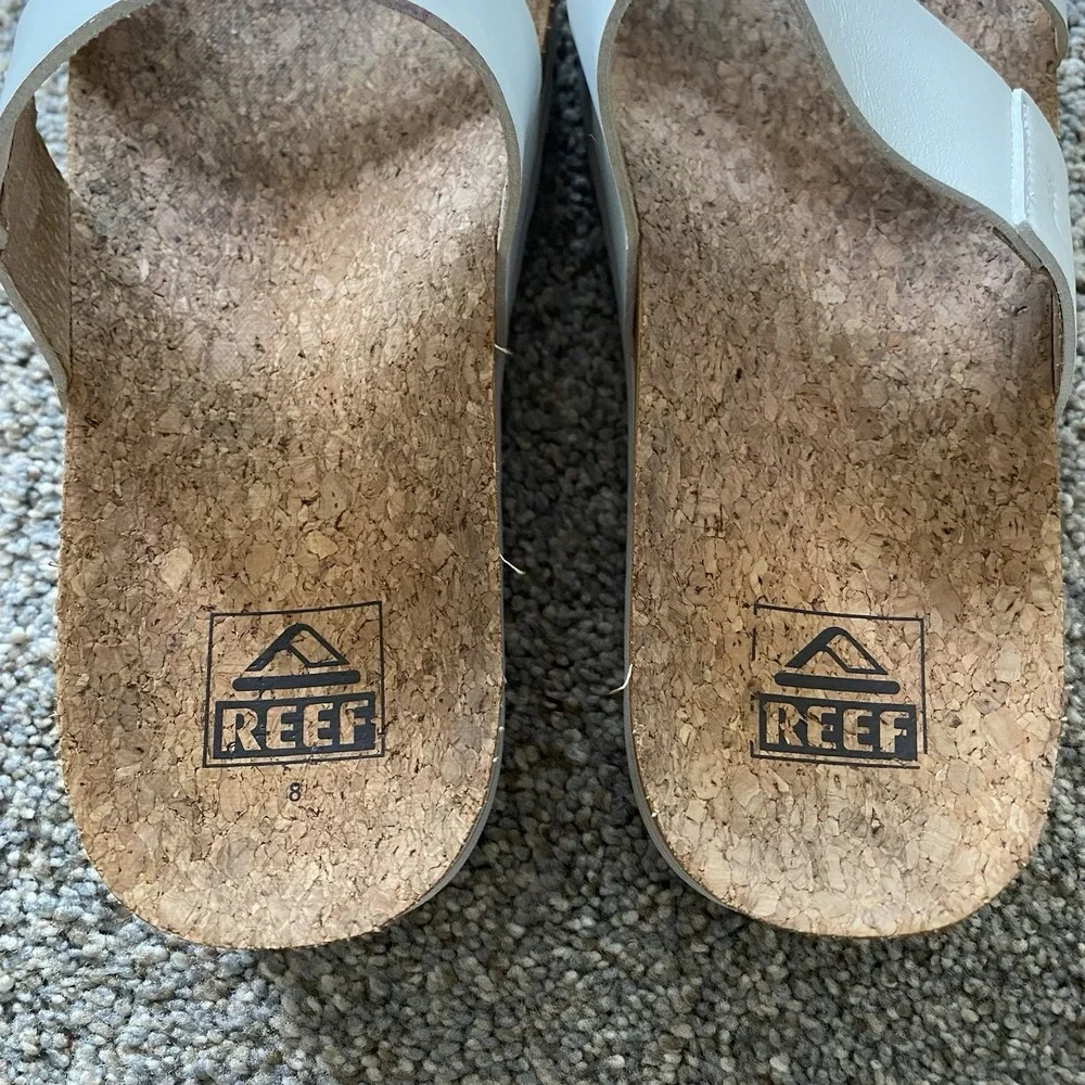 Reef Platform Sandals Women Sz 8 EU 38.5 White Strap Slide Cork Cushion Vista - Picture 3 of 8